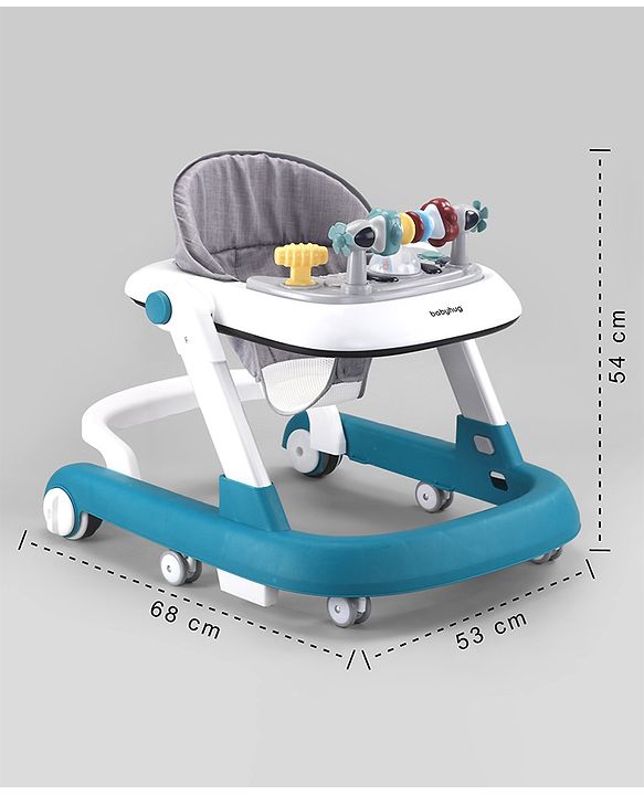 Babyhug 2 in 1 Baby Walker with Anti Fall Protection & Adjustable Height-Blue| Push Walker| Rear Wheels with Speed Control| Soft Padded Seat| Smooth Swivel Wheels| Musical Toy Tray with Engaging Toys