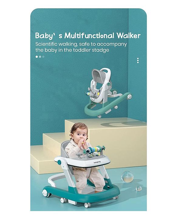 Babyhug 2 in 1 Baby Walker with Anti Fall Protection & Adjustable Height-Blue| Push Walker| Rear Wheels with Speed Control| Soft Padded Seat| Smooth Swivel Wheels| Musical Toy Tray with Engaging Toys