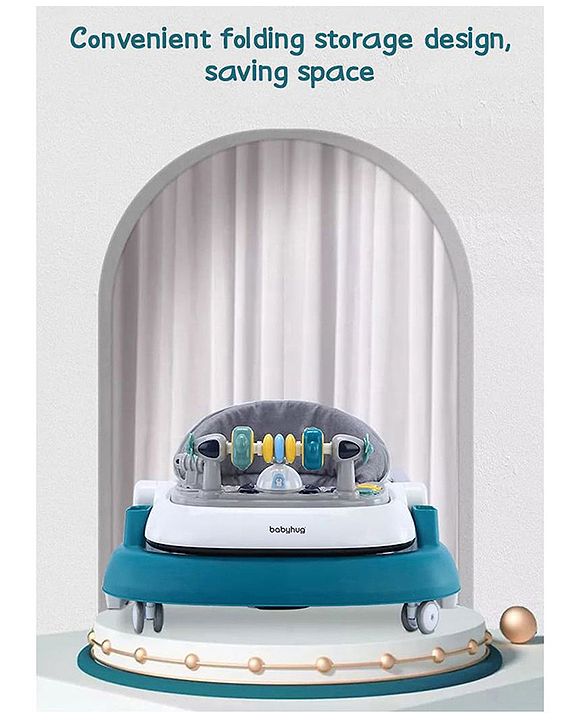 Babyhug 2 in 1 Baby Walker with Anti Fall Protection & Adjustable Height-Blue| Push Walker| Rear Wheels with Speed Control| Soft Padded Seat| Smooth Swivel Wheels| Musical Toy Tray with Engaging Toys