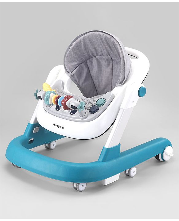 Babyhug 2 in 1 Baby Walker with Anti Fall Protection & Adjustable Height-Blue| Push Walker| Rear Wheels with Speed Control| Soft Padded Seat| Smooth Swivel Wheels| Musical Toy Tray with Engaging Toys