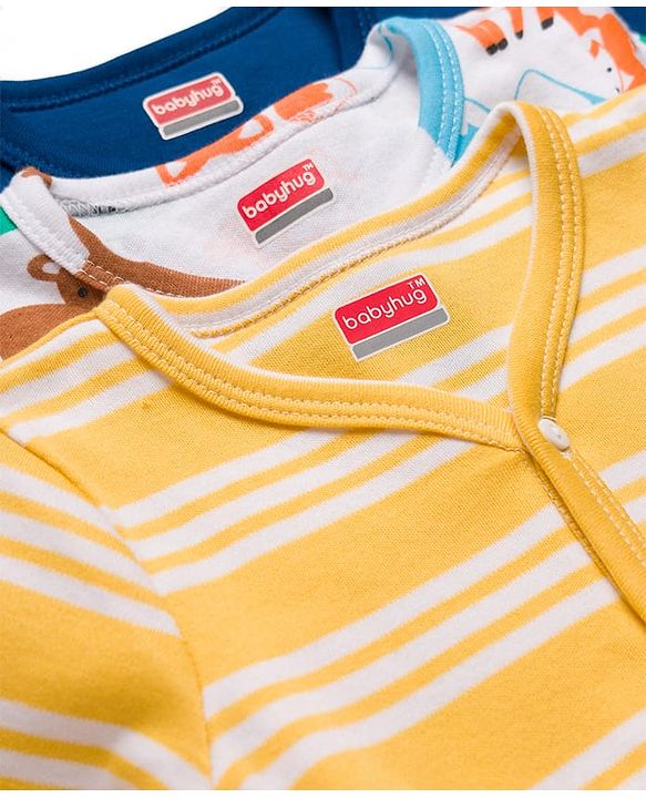 Babyhug 100% Cotton Knit Full Sleeves Striped Jhablas with Jungle Theme Print Pack of 3 - Navy Blue Yellow & White
