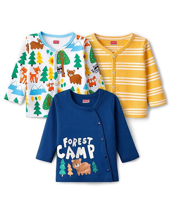 Babyhug 100% Cotton Knit Full Sleeves Striped Jhablas with Jungle Theme Print Pack of 3 - Navy Blue Yellow & White