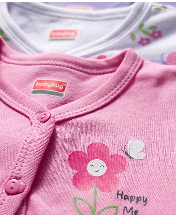 Babyhug 100% Cotton Interlock Knit Full Sleeves Jhablas With Floral Print Pack Of 3 - Purple Pink & White