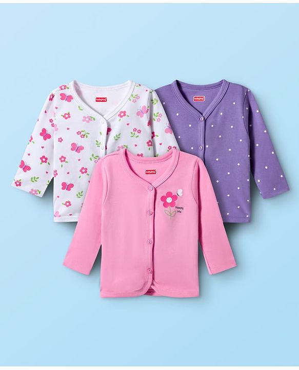 Babyhug 100% Cotton Interlock Knit Full Sleeves Jhablas With Floral Print Pack Of 3 - Purple Pink & White