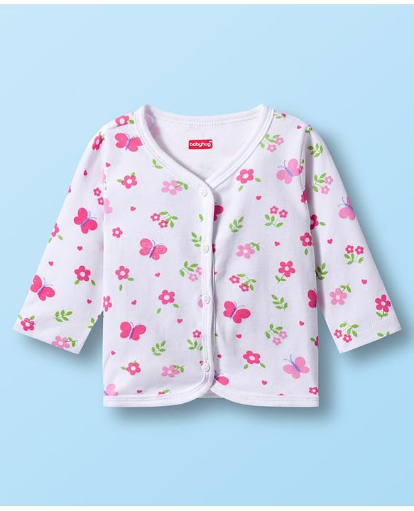 Babyhug 100% Cotton Interlock Knit Full Sleeves Jhablas With Floral Print Pack Of 3 - Purple Pink & White