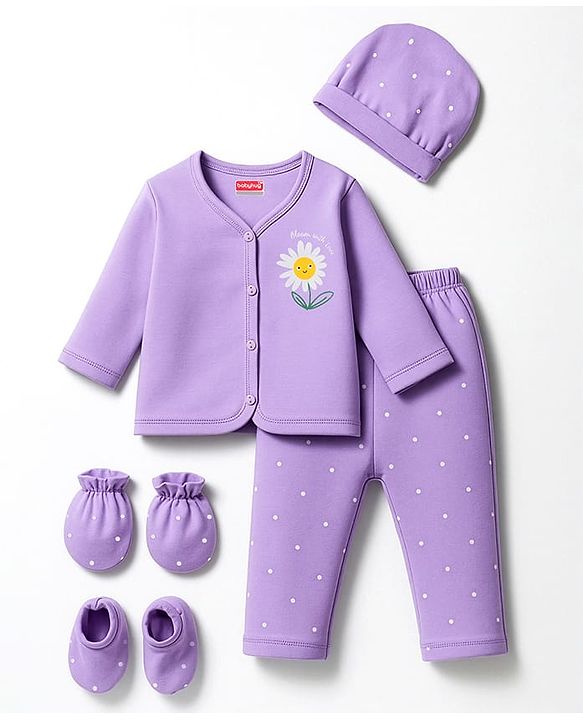 Babyhug 100% Cotton Interlock Knit Full Sleeves Floral Printed Inner Wear Set With Mittens Booties & Cap - Lavender