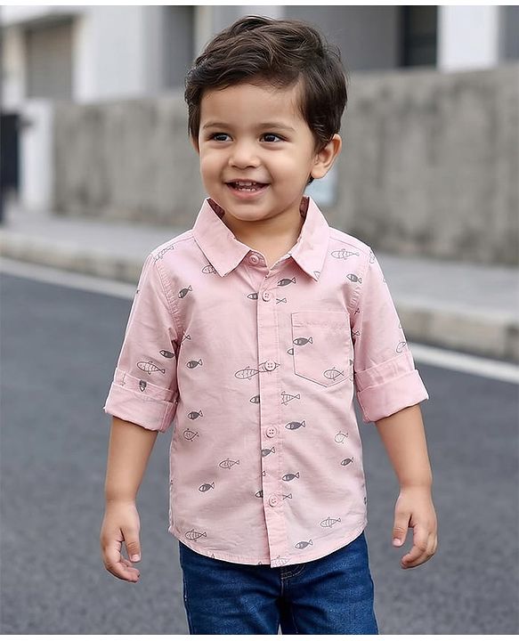 Babyhug 100% Cotton Woven Full Sleeves Sea Life Printed Shirt - Light Pink