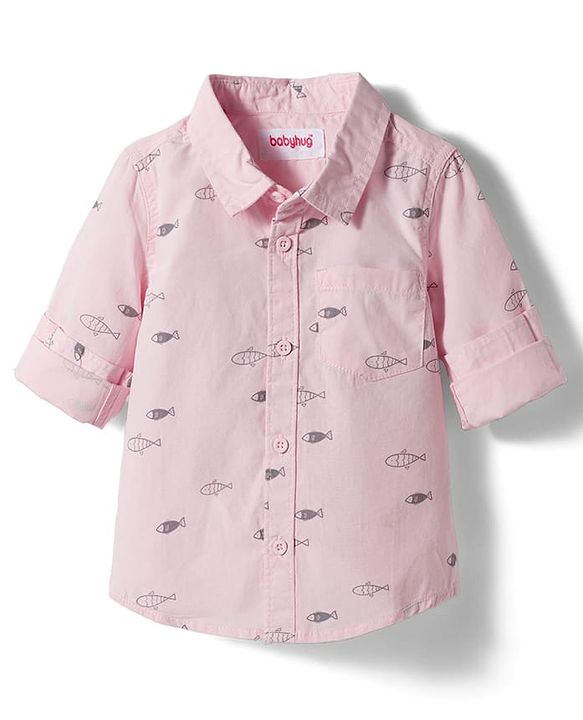 Babyhug 100% Cotton Woven Full Sleeves Sea Life Printed Shirt - Light Pink