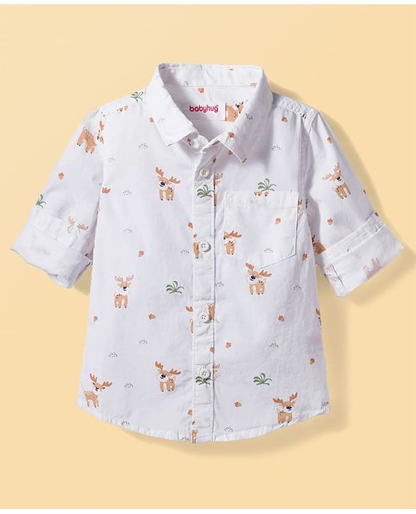 Babyhug Cotton Woven Full Sleeves Deer Printed Shirt - White