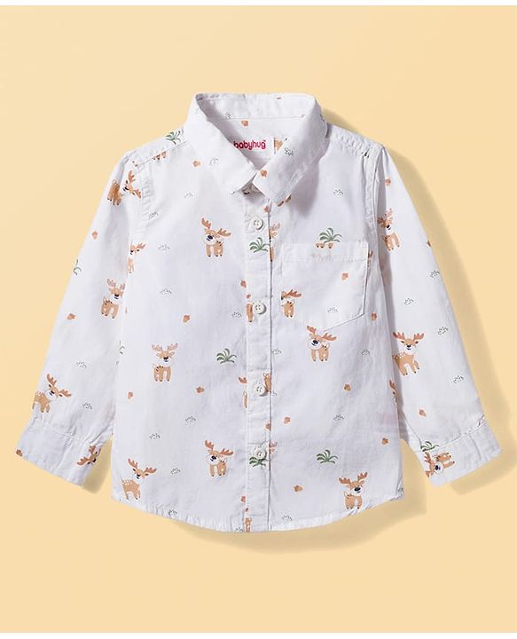 Babyhug Cotton Woven Full Sleeves Deer Printed Shirt - White