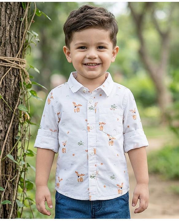Babyhug Cotton Woven Full Sleeves Deer Printed Shirt - White