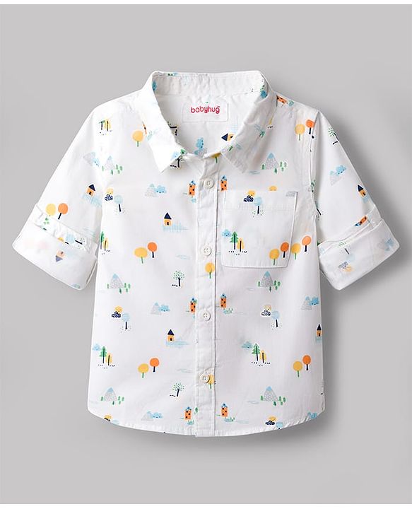 Babyhug Cotton Woven Shirt Full Sleeve Regular Collar Printed White 9-12 Months