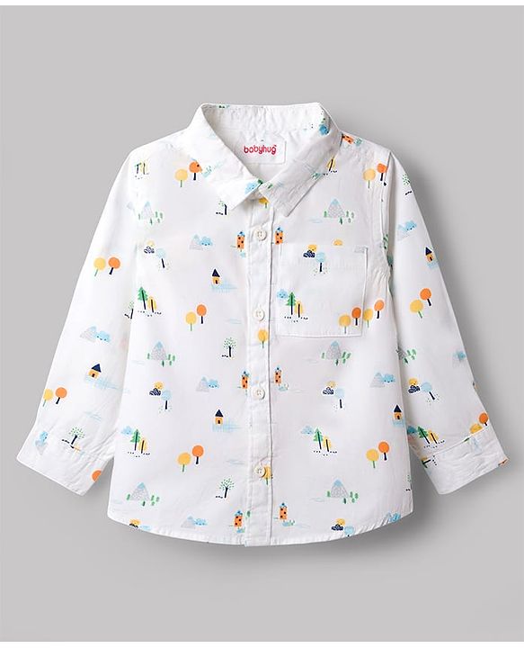 Babyhug Cotton Woven Shirt Full Sleeve Regular Collar Printed White 9-12 Months
