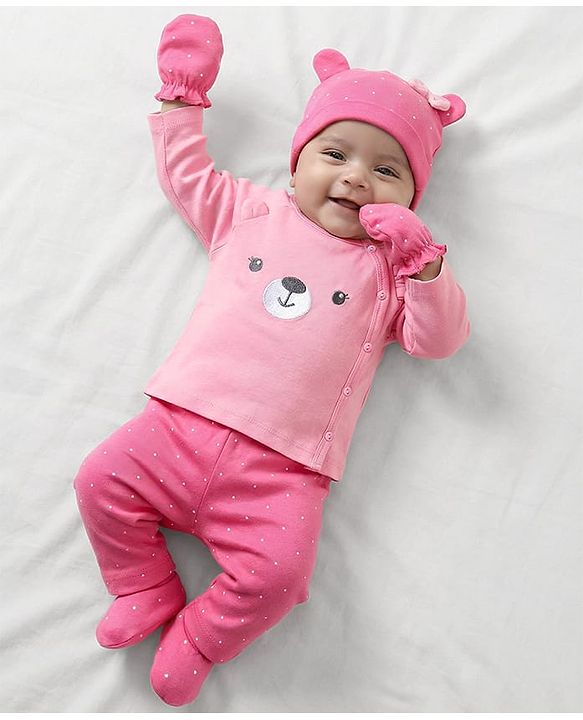 Babyhug 100% Cotton Interlock Knit Full Sleeves Inner Wear Set With Cap Mittens & Booties  - Baby Pink