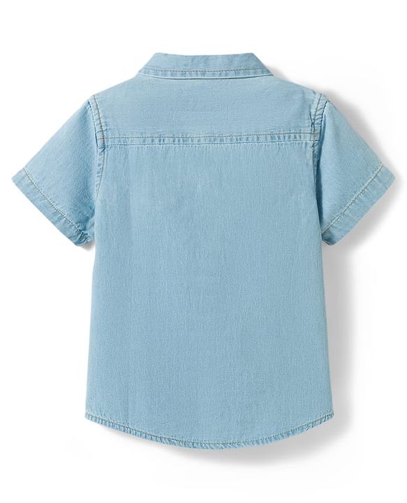 Babyhug Cotton Woven Half Sleeves Washed Denim Shirt With Hawaii Embroidery - Blue
