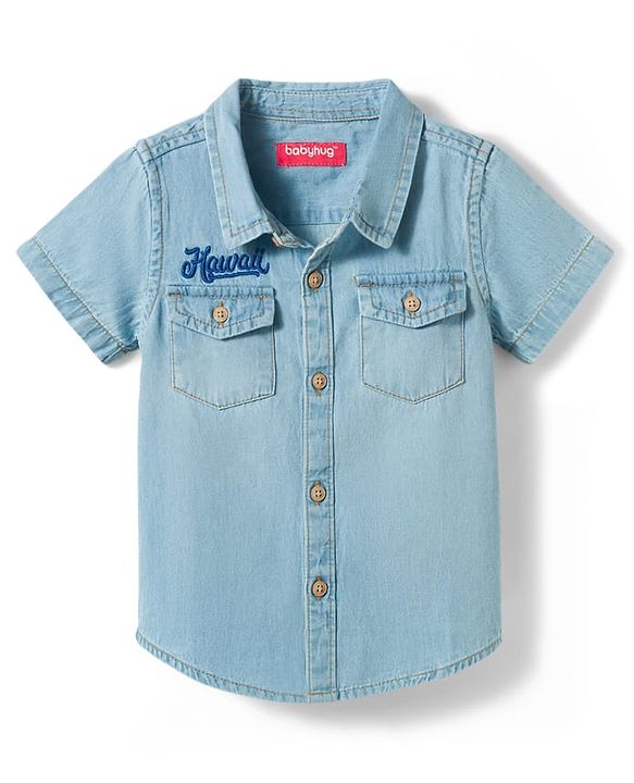 Babyhug Cotton Woven Half Sleeves Washed Denim Shirt With Hawaii Embroidery - Blue