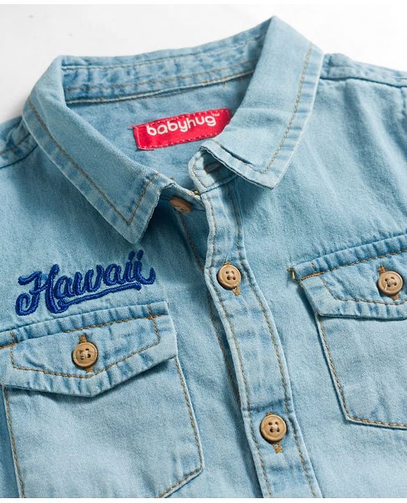 Babyhug Cotton Woven Half Sleeves Washed Denim Shirt With Hawaii Embroidery - Blue