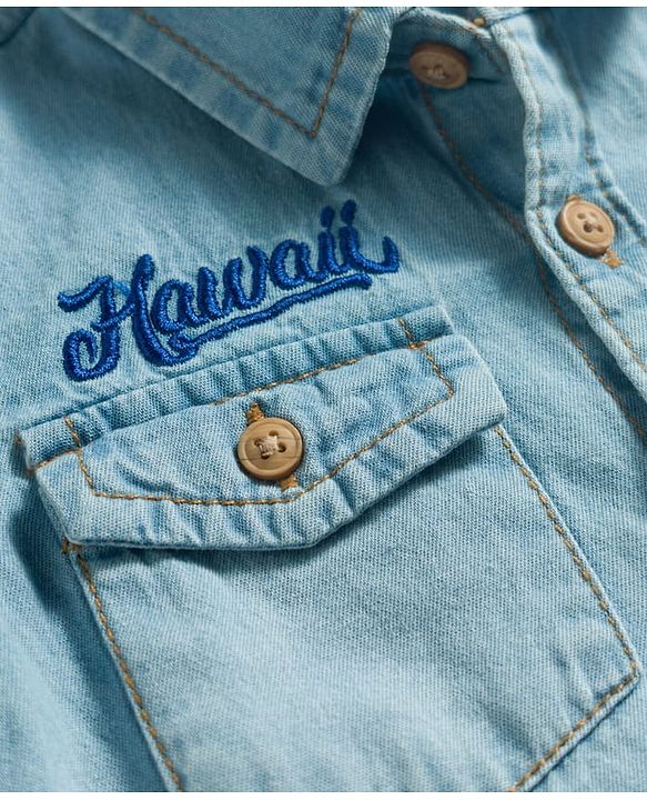 Babyhug Cotton Woven Half Sleeves Washed Denim Shirt With Hawaii Embroidery - Blue