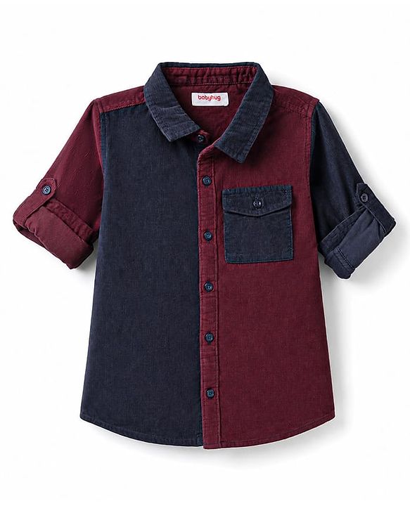 Babyhug Cotton Corduroy Shirt with Roll Up Sleeves and Collar Multi 9-12 Months