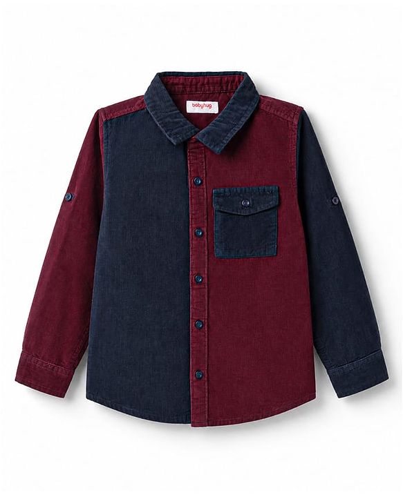 Babyhug Cotton Corduroy Shirt with Roll Up Sleeves and Collar Multi 9-12 Months
