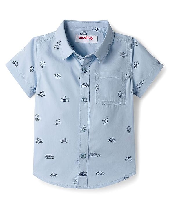 Babyhug Cotton Woven Half Sleeves Vehicle Printed Shirt - Blue