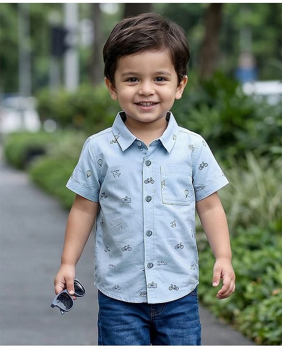 Babyhug Cotton Woven Half Sleeves Vehicle Printed Shirt - Blue