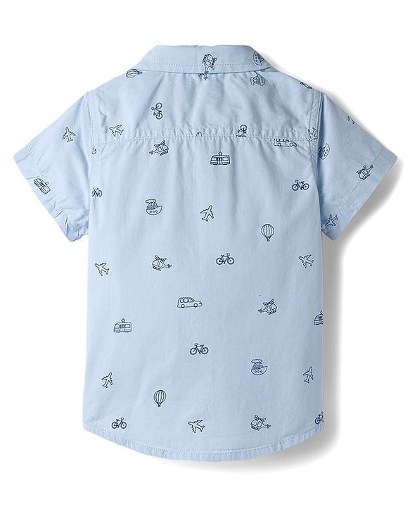 Babyhug Cotton Woven Half Sleeves Vehicle Printed Shirt - Blue