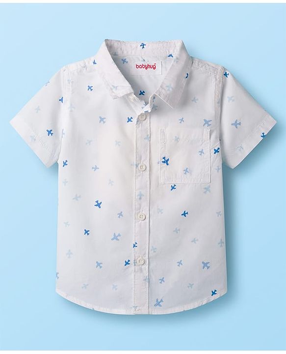 Babyhug Cotton Woven Half Sleeves Aeroplane Printed Shirt - White