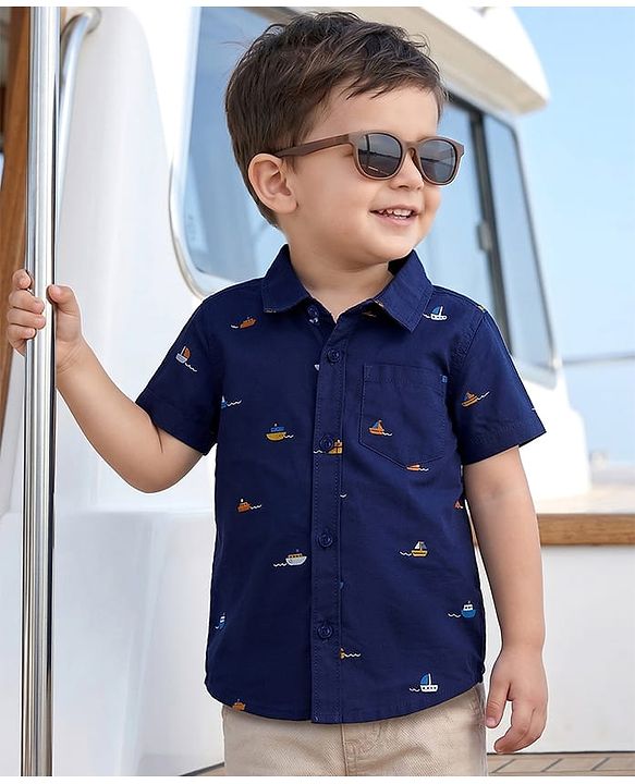 Babyhug Cotton Woven Half Sleeves Ship Printed Shirt - Navy Blue
