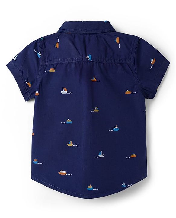 Babyhug Cotton Woven Half Sleeves Ship Printed Shirt - Navy Blue