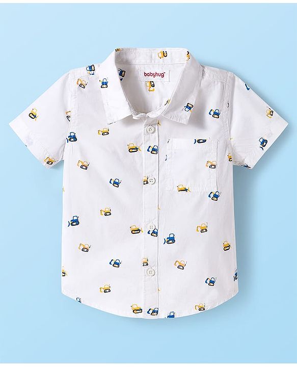 Babyhug Cotton Woven Half Sleeves Construction Vehicle Printed Shirt - White