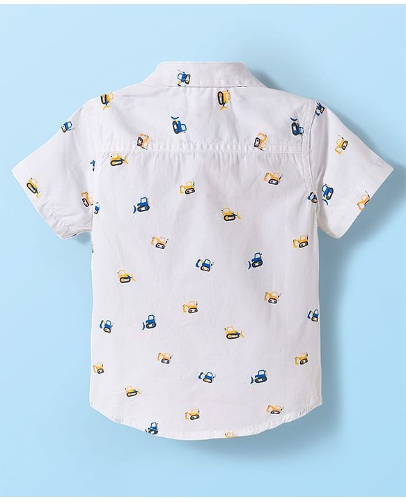 Babyhug Cotton Woven Half Sleeves Construction Vehicle Printed Shirt - White