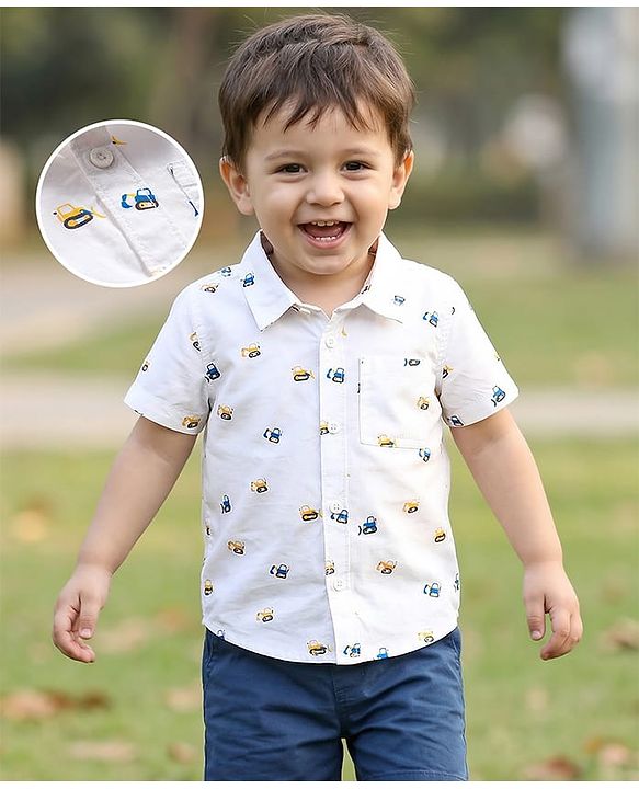 Babyhug Cotton Woven Half Sleeves Construction Vehicle Printed Shirt - White