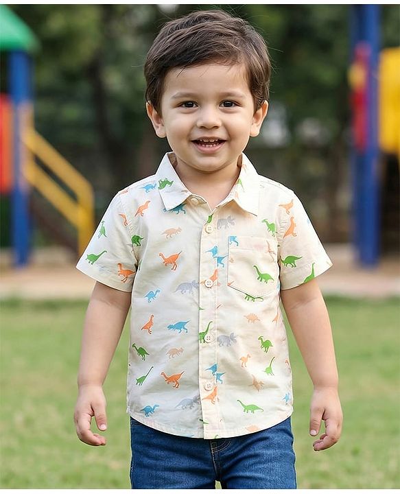 Babyhug Cotton Woven Half Sleeves Dino Printed Shirt - White