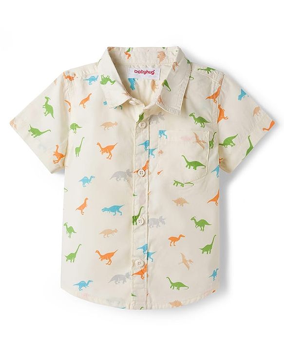Babyhug Cotton Woven Half Sleeves Dino Printed Shirt - White
