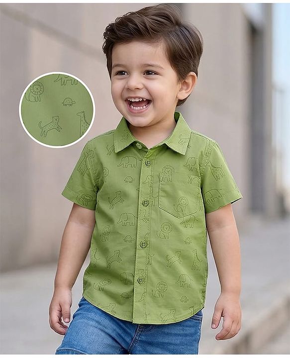 Babyhug Cotton Woven Half Sleeves Animals Printed Shirt - Green