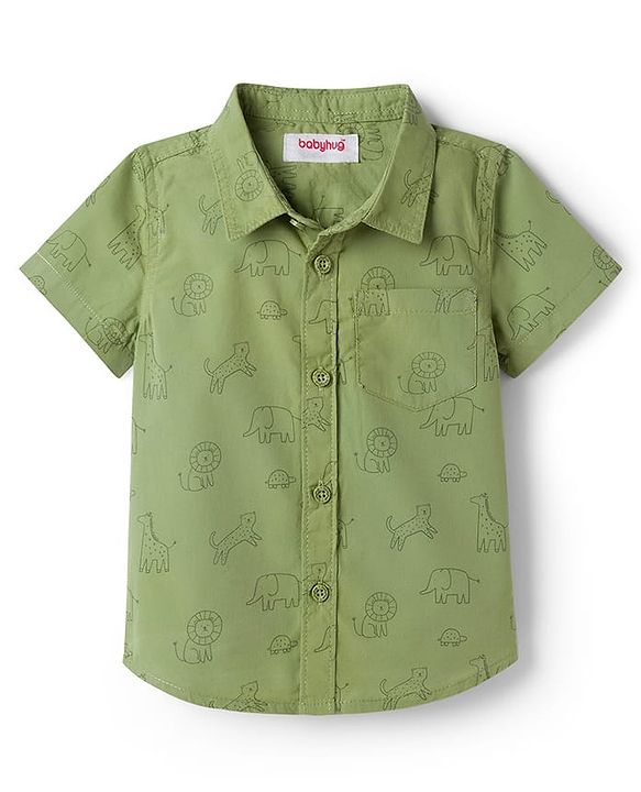 Babyhug Cotton Woven Half Sleeves Animals Printed Shirt - Green