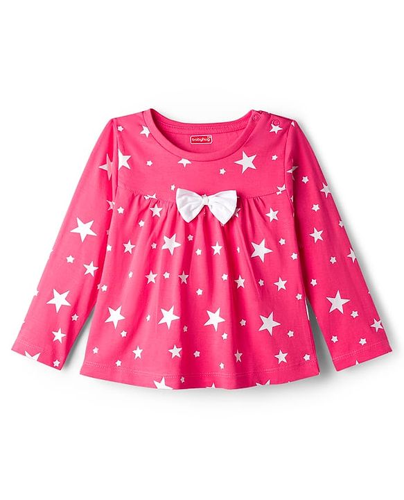 Babyhug Cotton Knit Full Sleeves Co-ord Night Suit With Star Print - Dark Pink