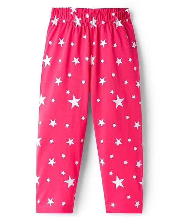 Babyhug Cotton Knit Full Sleeves Co-ord Night Suit With Star Print - Dark Pink