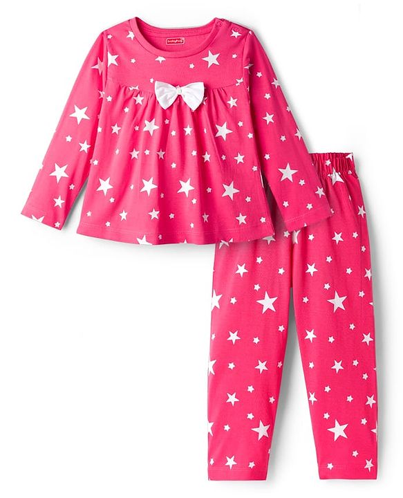 Babyhug Cotton Knit Full Sleeves Co-ord Night Suit With Star Print - Dark Pink
