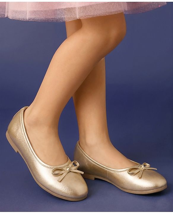 Pine Kids Slip On Closed Toe Ballerina with Bow Applique - Gold