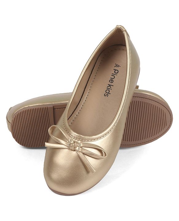 Pine Kids Slip On Closed Toe Ballerina with Bow Applique - Gold