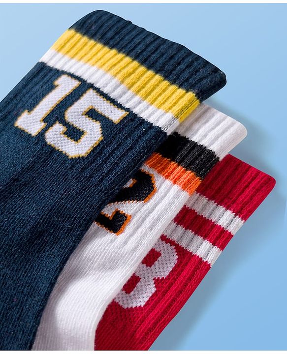Pine Active Cotton Lycra Terry Knit Breathable Calf Length Athletic Socks with Number Design Pack of 3 - White Red & Black