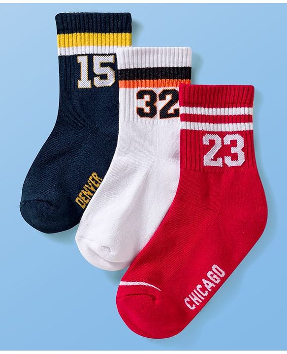Pine Active Cotton Lycra Terry Knit Breathable Calf Length Athletic Socks with Number Design Pack of 3 - White Red & Black