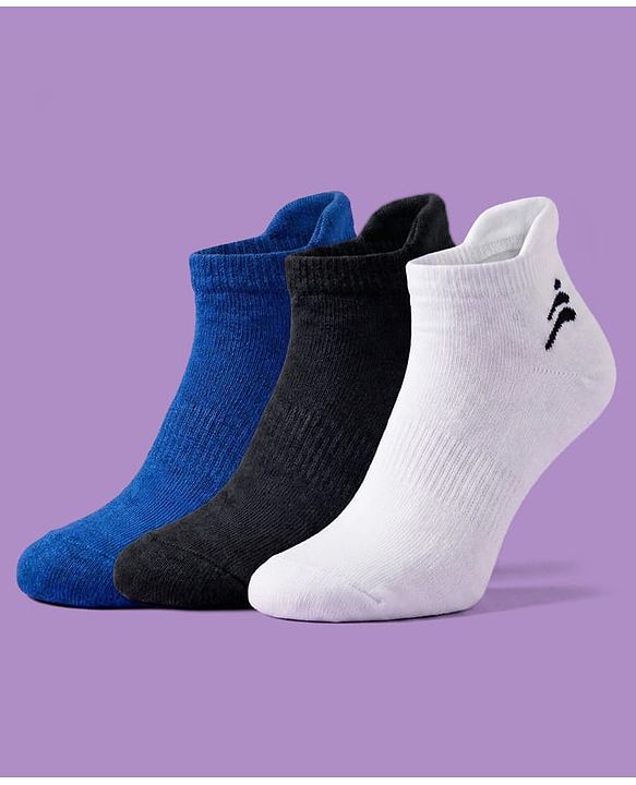 Pine Active Cotton Lycra Terry Knit Breathable Ankle Length Solid Athletic Socks Pack of 3 - White Blue & Black