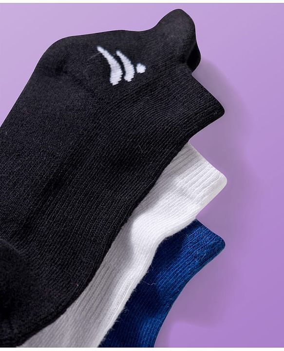 Pine Active Cotton Lycra Terry Knit Breathable Ankle Length Solid Athletic Socks Pack of 3 - White Blue & Black