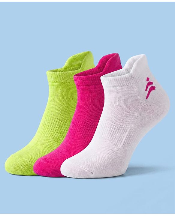 Pine Active Cotton Lycra Terry Knit Breathable Ankle Length Solid Athletic Socks Pack of 3 - White Pink & Light Green