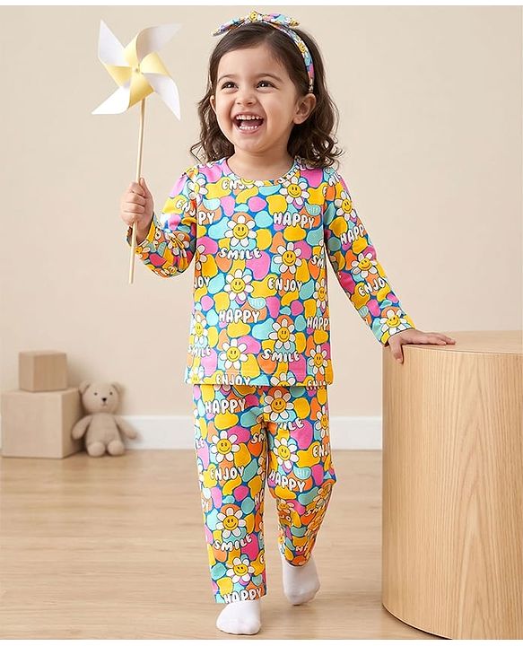Babyhug Cotton Knit Full Sleeves Co-ord Night Suit With Floral Print - Multicolor