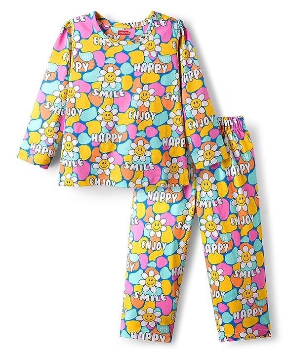 Babyhug Cotton Knit Full Sleeves Co-ord Night Suit With Floral Print - Multicolor