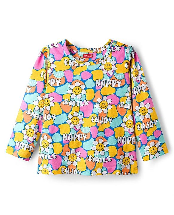 Babyhug Cotton Knit Full Sleeves Co-ord Night Suit With Floral Print - Multicolor